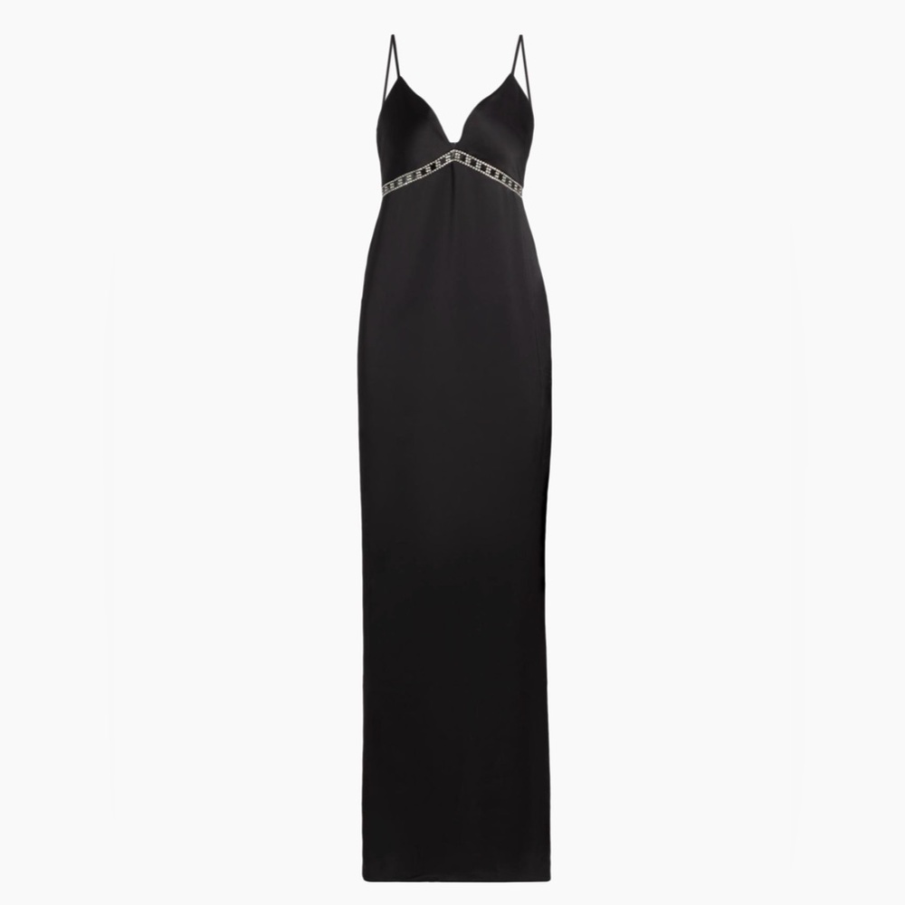 RAMY BROOK MOSBY Crystal Trim Black Strapless Maxi Gown w Rhinestone Waist